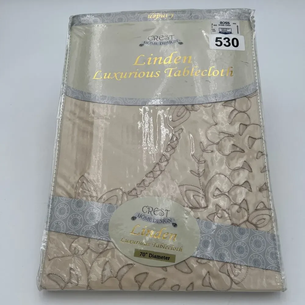 NOS Crest Home Design Chelsea Luxurious TableCloth 70” Diameter Gold Embroidered - Picture 2 of 13